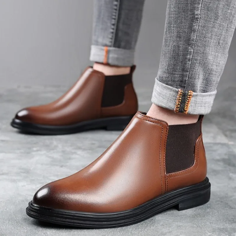 الرجال تشيلسي الأحذية الفاخرة العلامة التجارية الأحذية الجلدية موضة أحذية عالية الجودة غير رسمية للرجال وأشار الأعمال التمهيد الانزلاق على الكاحل بوتاس