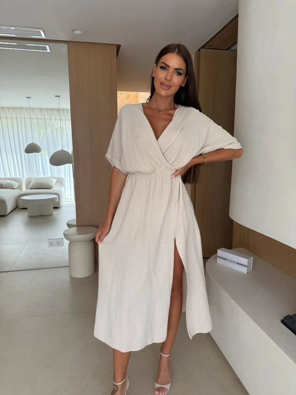 Robe mi-longue pour femmes, robe trapèze, robe d'été élégante pour sortir quotidiennes, coupe régulière, couleur Pure, demi-manches, col en V