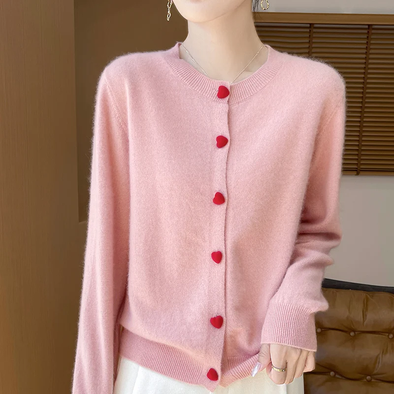 100 pMerino Wool Sweater Women s Clothing Round Neck Knitted Cardigan Autumn Winter New Coat fashion