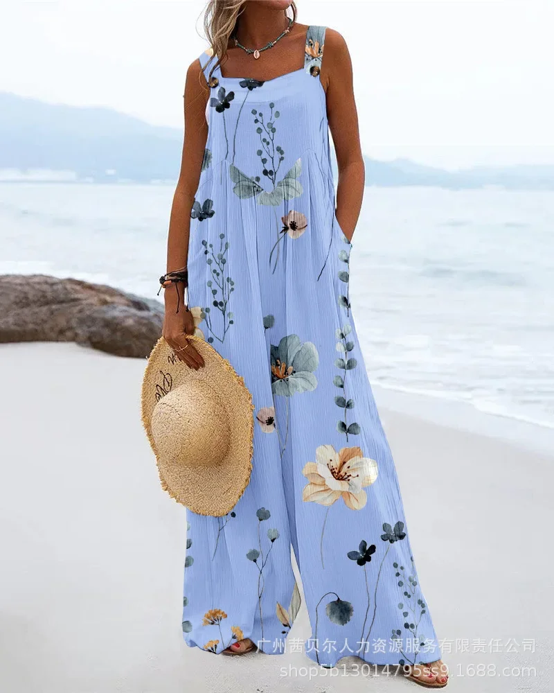 Floral Print Wide Leg Suspender Jumpsuit 2024 New Summer Jumpsuits One Piece Women Wide Leg Long Pants Overalls Loose Rompers