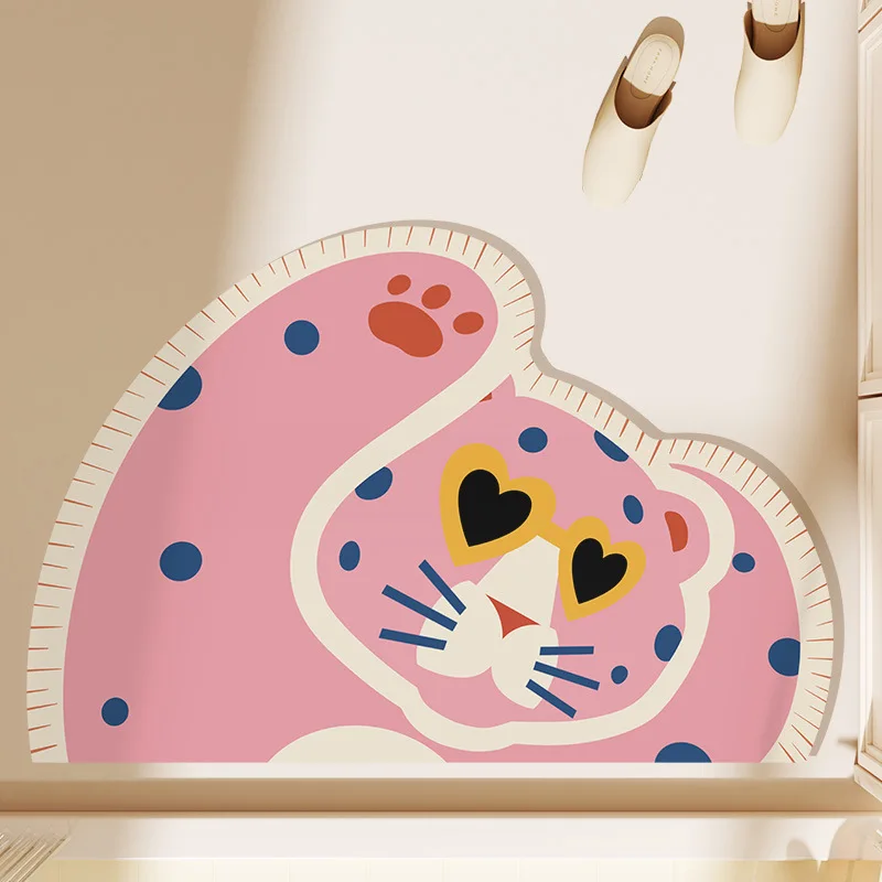 Irregular Pink Leopard Floor Mat With Heart‑shaped Sunglasses Cute Polka‑dot Non‑slip Doormat Entrance Bedroom Aesthetic Decor R