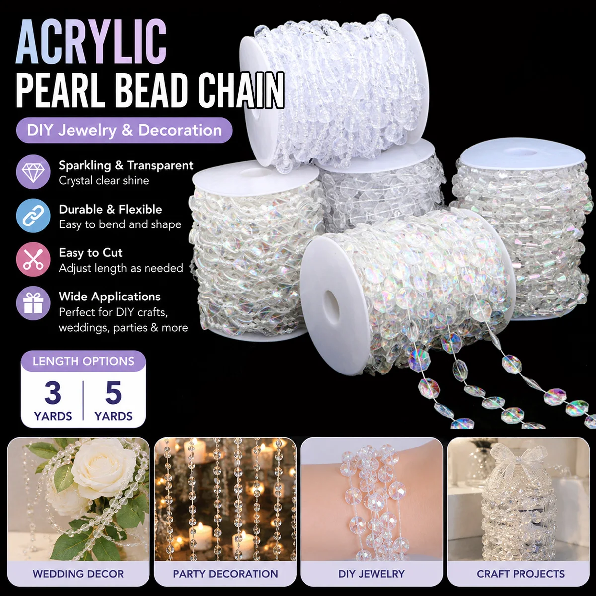 3-5Yds Iridescent Acrylic Bead Garland Chain Faceted Crystal Ball String for DIY Jewelry Wedding Party Hanging Decoration