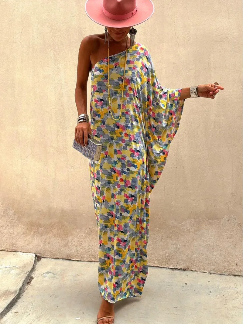 

SKMY New Party Dresses 2025 Y2k Clothes Women Fashion Printed One Shoulder Three-Quarter Sleeve Loose Long Dresses Summer