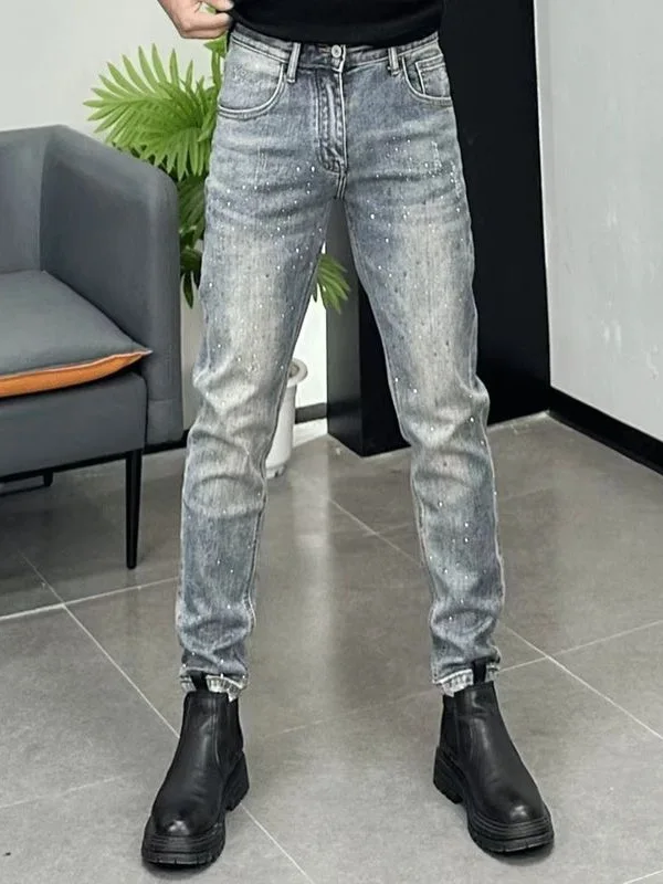 

New 2025 Men's Faion Slim Fit Jeans with Rhinestones Light Wa Versatile Casual Long Pants High Elastici Breathable