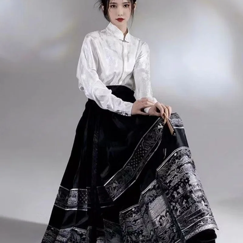 Horse Face Skirt Hanfu Original Chinese Style Women's Traditional Dress Modern Shirt Embroidered Skirt Set Daily Dance Costume