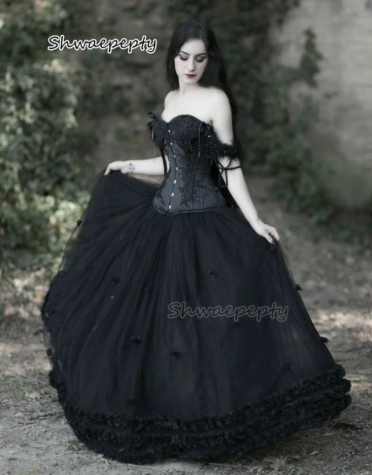 

Vampire Black Gothic Prom Dress Off Shoulder Sweetheart Flowers Floor length Corset Special Occasion Gown Customized