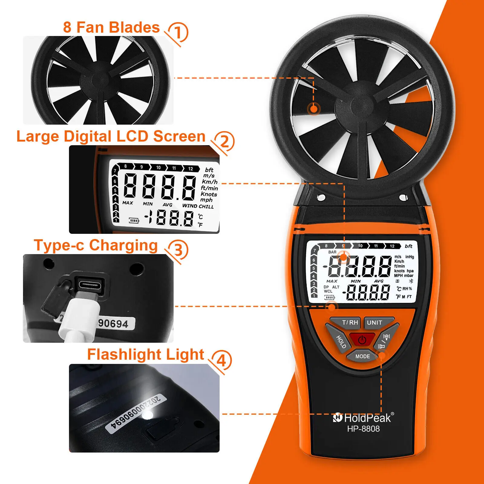 Holdpeak Wind Speed Meter Anemometer, High Precision, Professional Tachometer, Digital RPM, Air Velocity Gauge, Rechargeable