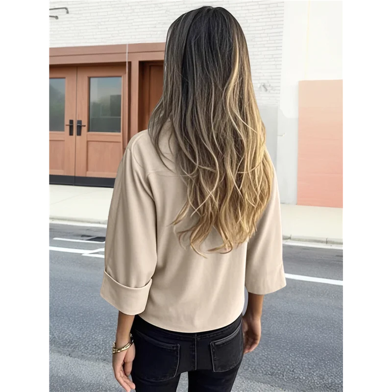 

AG-Linen Tops For Women Button Down V Neck 3/4 Sleeve Shirts Roll-Up Solid Casual Loose Fit Tunic Top