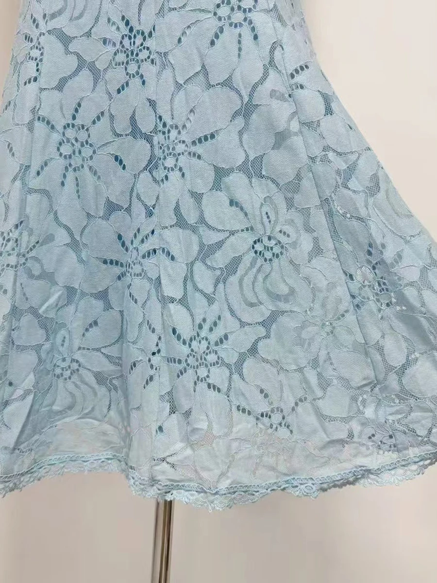 VGH Abito aderente con ricamo impiombato sexy per donna Colletto alla coreana Manica corta Vita alta Patchwork Nappa Abiti trasparenti Donna