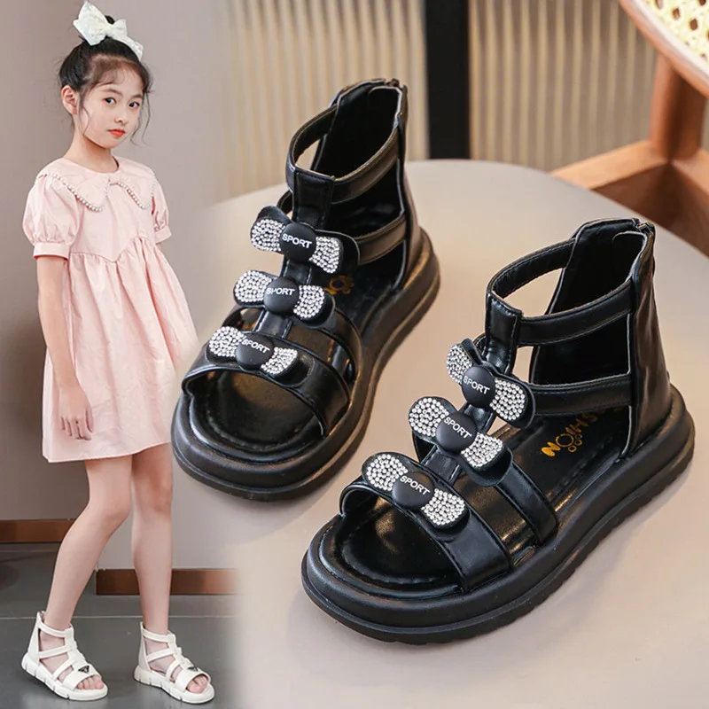 Summer Girls Roman Sandals Casual Kids Flats Fashion Rhinestone Bow Open Toe Solid Color High-top Simple Children Hollow Shoes