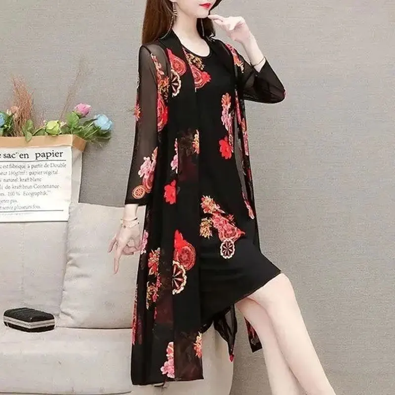 Vintage Flowers Printed Midi Dress Sets Commute Two Piece Women\'s Clothing Summer Thin Casual Oversized A-Line Matching Sets New