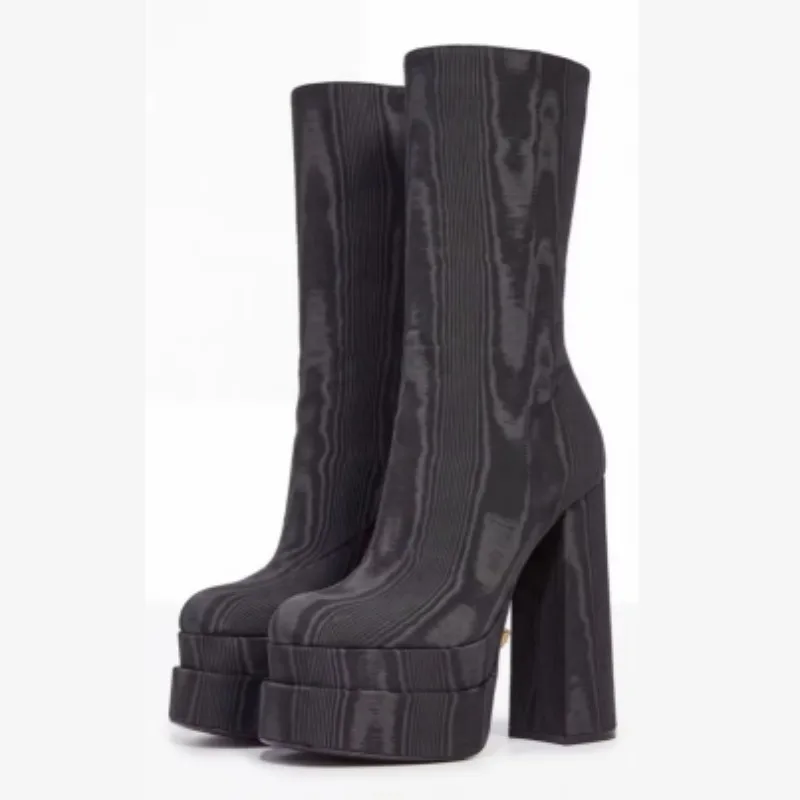 DIZHUANG Fashionable women's high-heeled boots Customized shoes Black Mohr patterned fabric boots Ankle boots About 15cm heeL