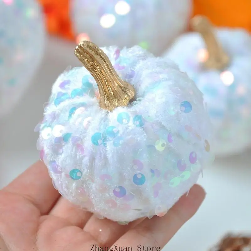 Pack Of 7 Foam Pumpkins Decorations With Glittering Seasonal Ornament For Thanksgiving And Halloween Party Home Decoration 3XUF