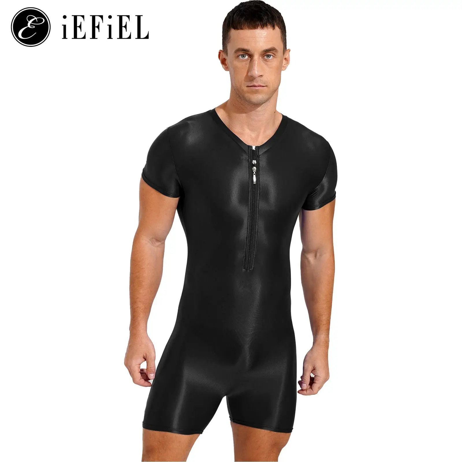 Men Shiny Oil Short Sleeve Boyleg One-Piece Swimsuit Double Zipper Sport Bodysuit Jumpsuit for Swimming Gym Bodybuilding Workout