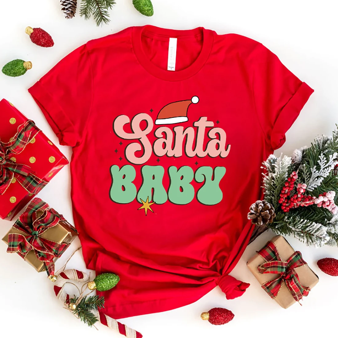 Fashion Christmas Santa Baby Print Hip Hop Short Sleeve Men Women Summer Cool Casual Outdoor T Shirts Tops