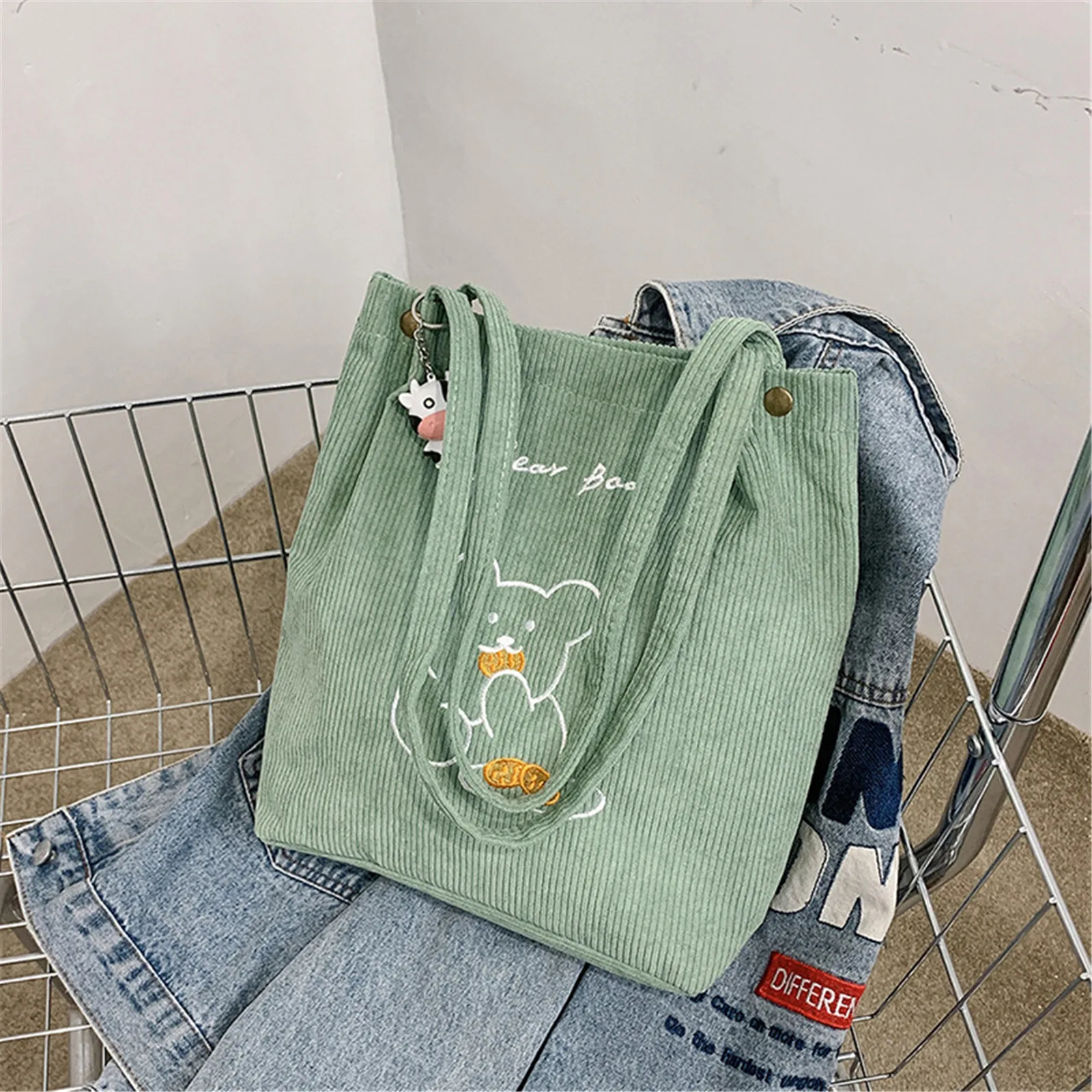 Cartoon Embroidered Bear Shoulder Bag Foldable Corduroy Handbag For Women Large Capacity Tote Bags Eco Friendly Shopping Bag