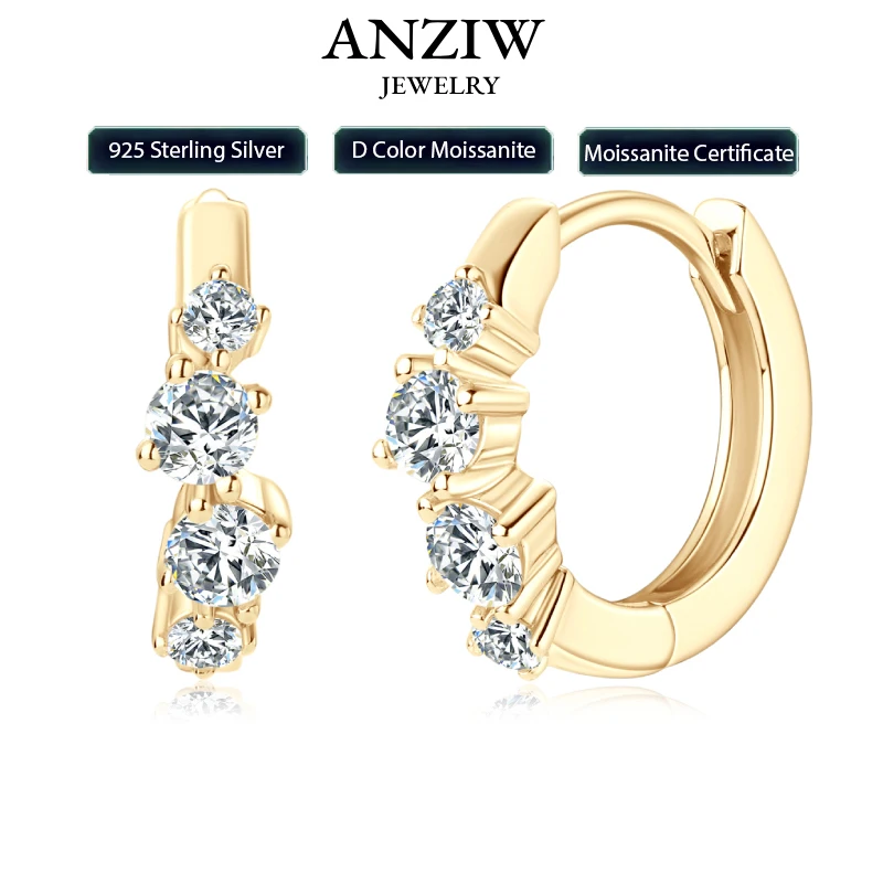 

Anziw 925 Sterling Silver 4 Stones Moissanite Irregular Hoops Huggie Earrings for Women 3mm&2mm Round Cut Lad Diamond Jewelry