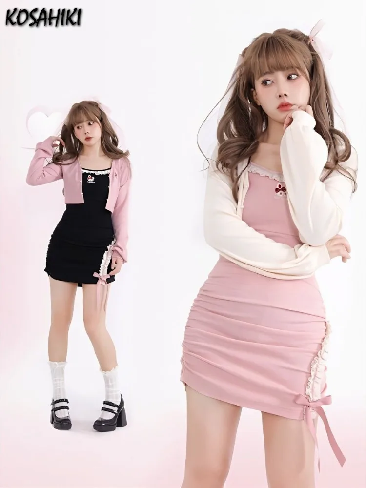 Cropped Solid Cardigan + Slim Embroidery Bandage Dress Women Autumn Y2k Aesthetic Two Pieces Set Streetwear Kawaii Cute Outfits