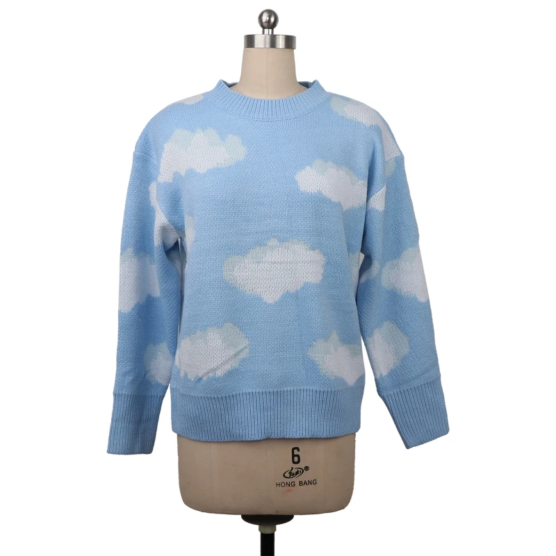 Women Autumn Long Sleeve Neck Sweater Korean Harajuku Sweet Cloud Print Tunic Tops Oversized Loose Knitted Pullover Jumper