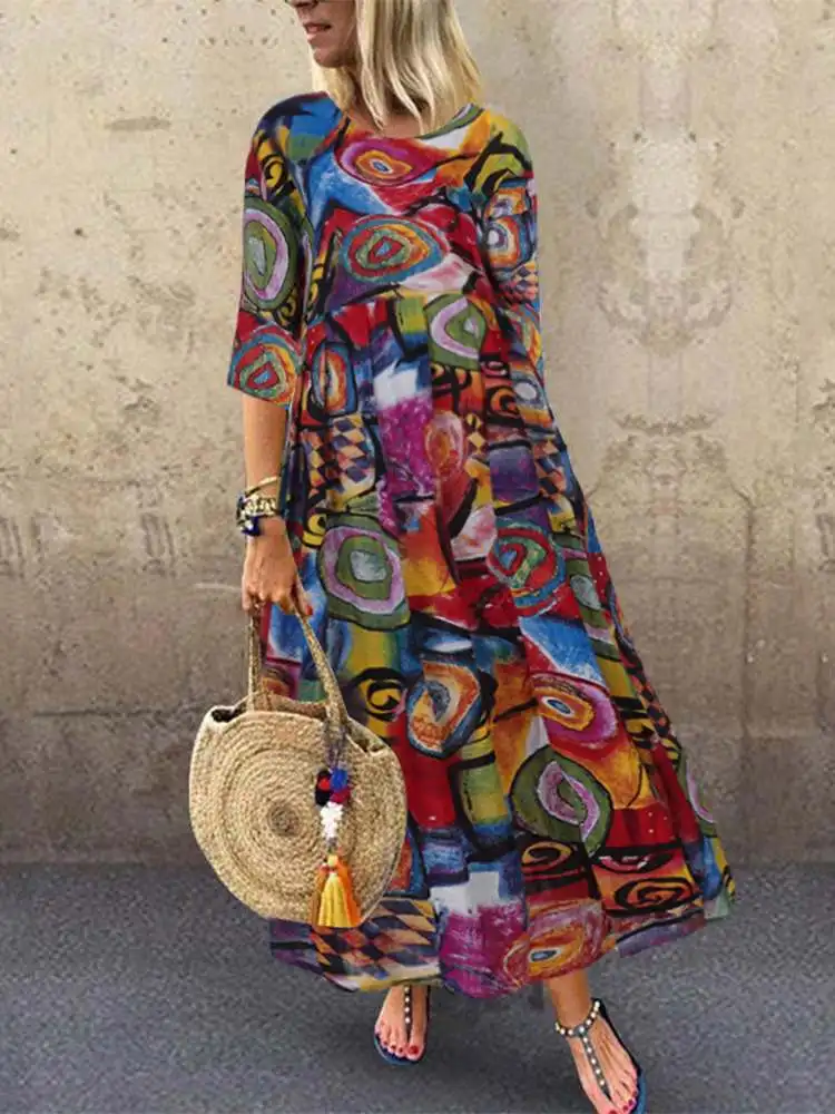 2023 Autumn Summer Dress Women Vintage Vestidos 2023 Pleated Printed Long Maxi Dresses Tunic  Femme 3/4 Sleeve