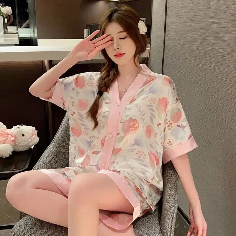 Luxury Women Silk Sleepwear Summer Short Sleeve Cardigan Shorts Two Pieces Homewear Kawaii Clothing Pajama Sets Nightwear Korean