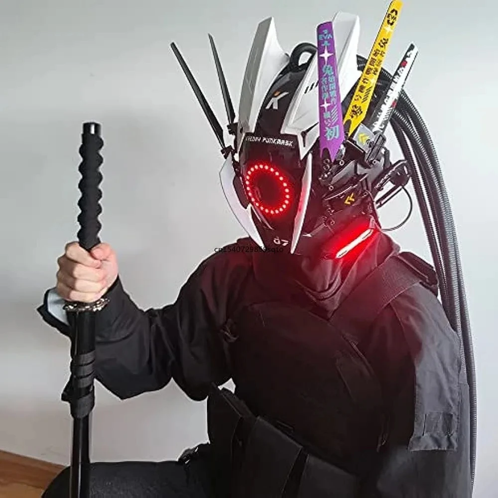 JAUPTO Punk Mask Cosplay for Men, Multicolor LED Round Light Mask Cosplay Halloween Fit Party Music Festival Accessories