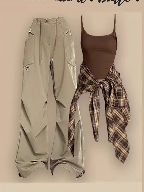 

Summer New Style Cool Loose Age-Defying Plaid Shirt Set Women's Casual Layering Two-Piece Suit Long Sleeve Collar