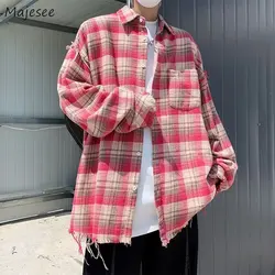 Men Shirts Denim Plaid Retro American Vintage High Street Designed All-match Clothing Streetwear Coats Harajuku Y2k Top Camisas