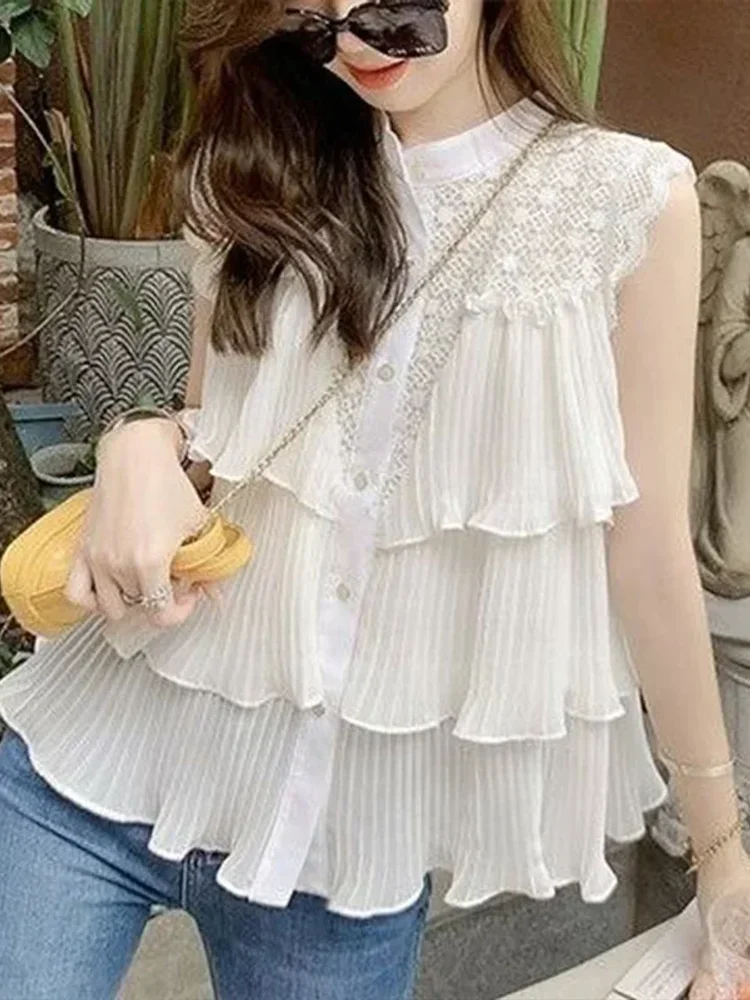 Hollow Out White Sleeveless Chiffon Shirt For Women Summer New Spliced Loose Pleated Lotus Leaf High Street Chic Trendy Top