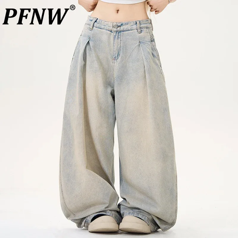 

PFNW Pleated Design Curved Men's Jeans High Street Loose Fashion Mens Clothing American Wide Leg Pants 2024 Autumn New 28W4845