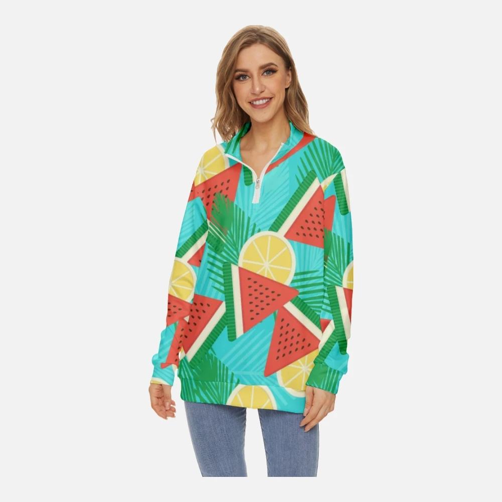 Women Fashion Hawaii Watermelon Printing Sweatshirt Long-sleeved Half Stand Collar Zip Crew Neck Sweatshirt Spring Long Sleeve