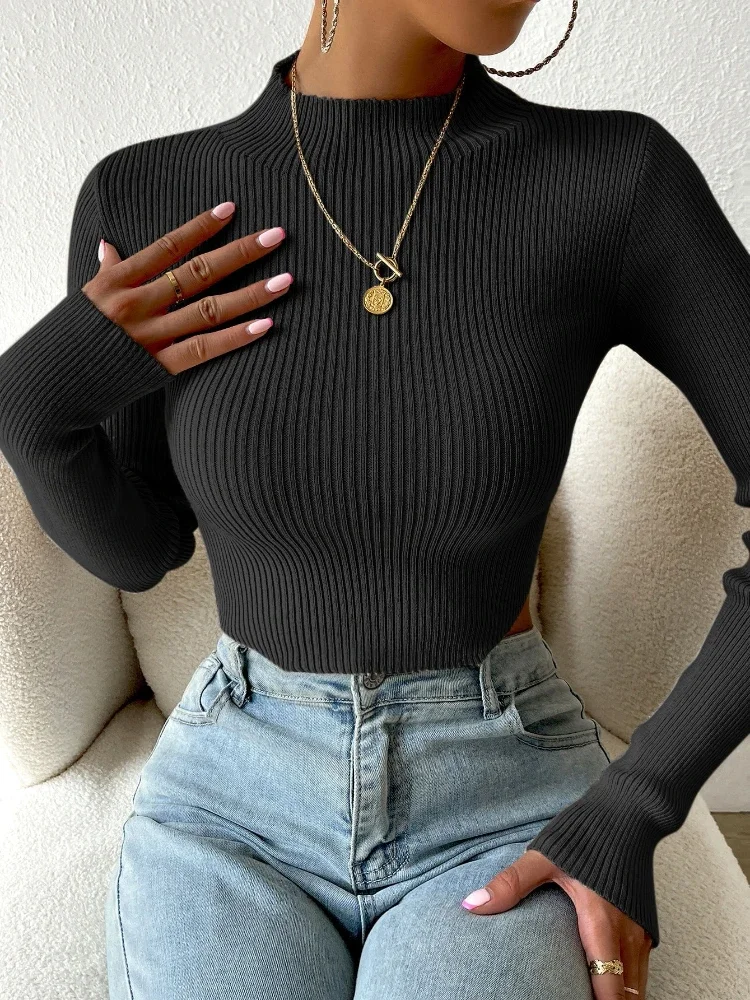 Knitted Crop Solid  Vintage Turtleneck Long Sleeves Sweater Women Korean Fashion Autumn Slim Pullover Simple Winter Jumpers