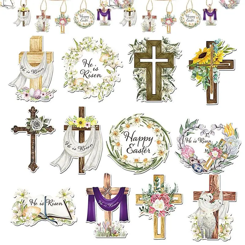 Easter Small Tree Ornaments Christian 24X Easter Decorations Religious Easter Crucifixion Ornaments He Is Risen Wooden Signs