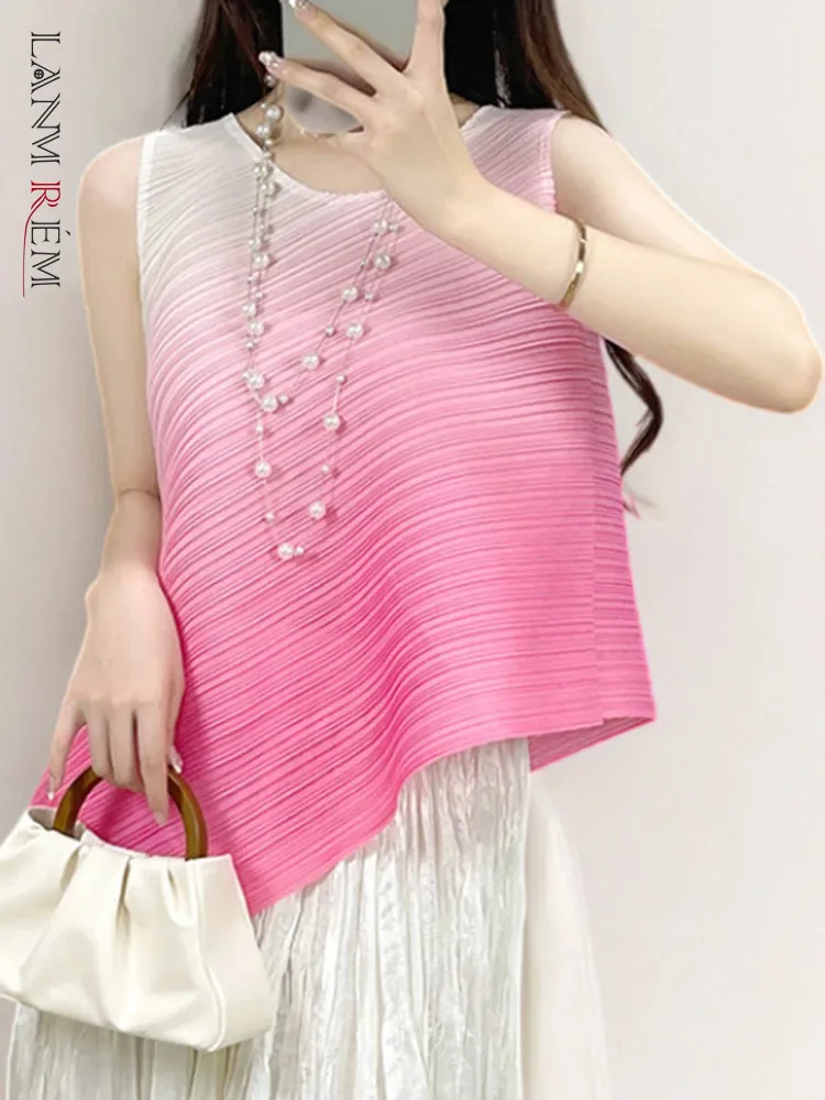 

LANMREM Gradient Pleated T-shirt For Women Round Neck Sleeveless Irregular Top 2024 Summer New Female Casual Top 2DA7891