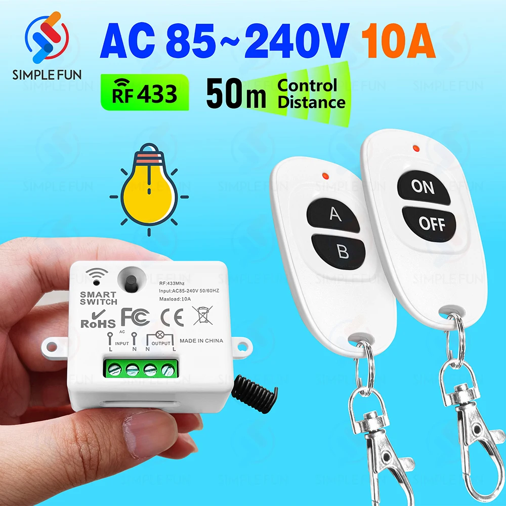 433MHz 110V 220V Wireless Remote Control Light Switch,10A Mini RF Relay Module,50 Meters Transmitter,For Led Lamp Fan ON/OFF