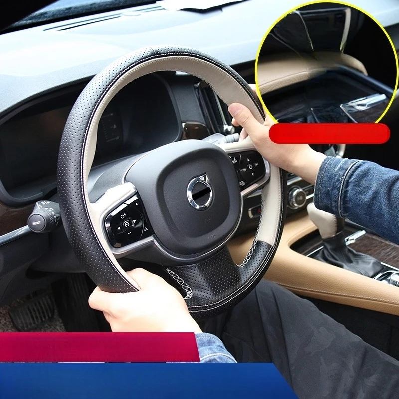 

Для Volvo S90 20015-2019 V90 2016-2019 XC90 сшитый вручную черный, белый цвет, нескользящий чехол на руль автомобиля из натуральной кожи