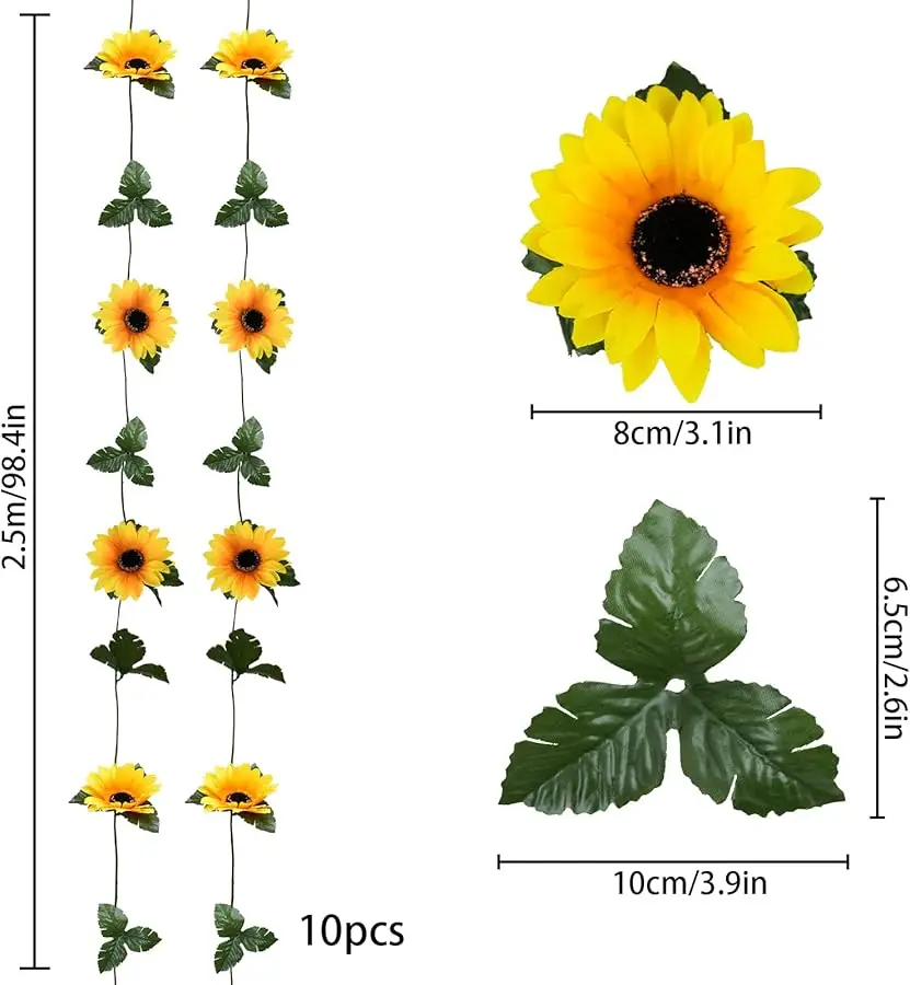 10 عبوات من إكليل عباد الشمس الاصطناعي، 8.2 قدم/قطعة من عباد الشمس الحريري مع أوراق خضراء، كروم زهور لغرفة المنزل والمطبخ والحديقة نحن #3
