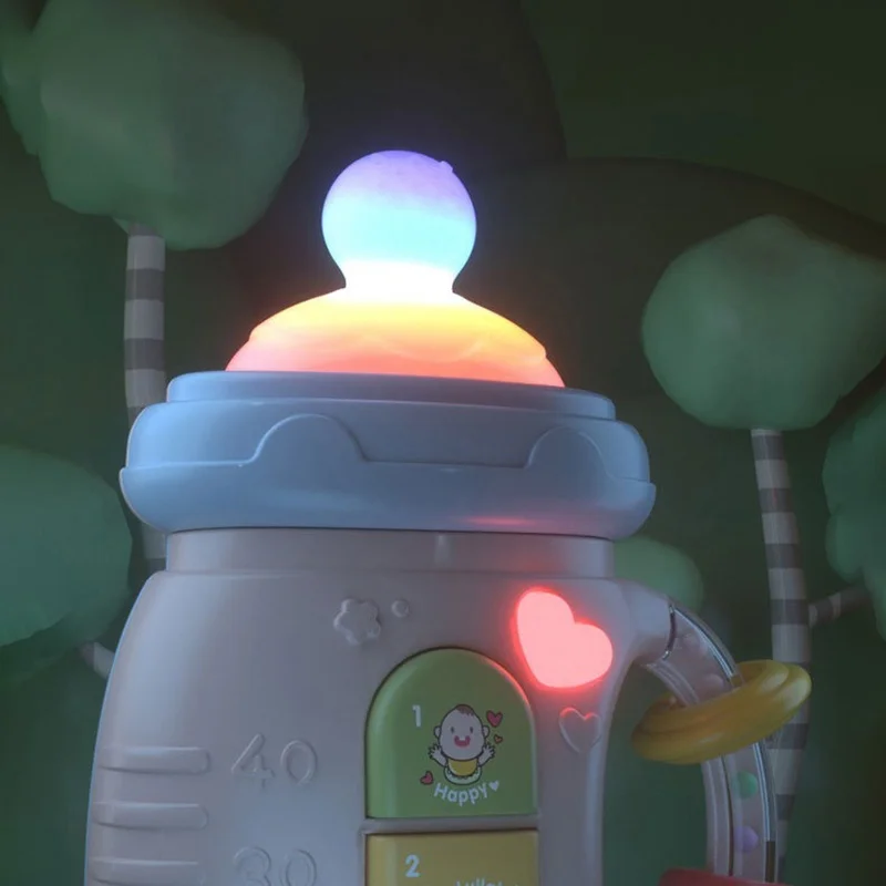 아기 치아발육 딸랑이 장난감 (조명 및 음악 포함), 부드러운 씹을 수 있는 젖병 모양 치발기로 잇몸 진정, 유아 조기 교육용 장난감