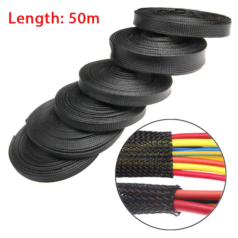 50M Black Insulated Braid Sleeving 4/6/8/10/12/15/20/25mm Tight PET Wire Cable Gland Protection Cable Sleeve