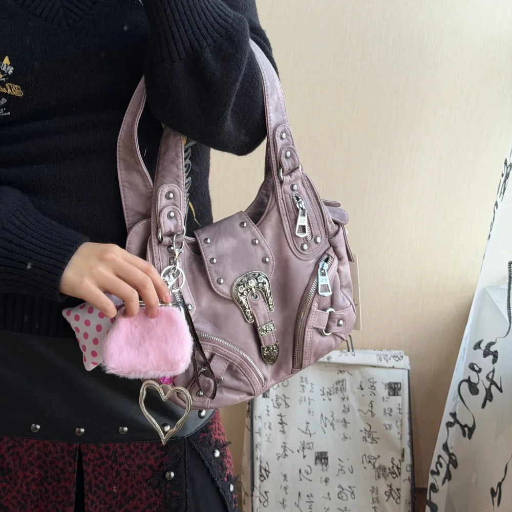 Y2K spicy girl motorcycle Storage Bags niche design shoulder crossbody Original Western style bag retro commuting armpit bag