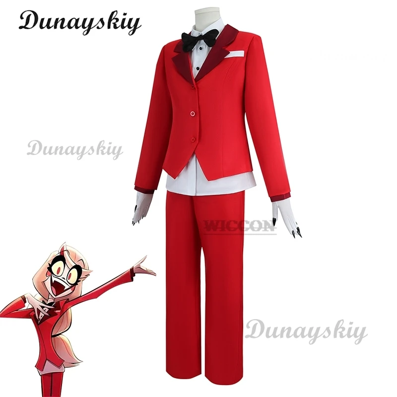 Anime Charlie Women Cosplay Hazbin Roleplay Hotel Fantasia Costume Disguise Adult Top Pants Gloves Wig Outfits Halloween Suit