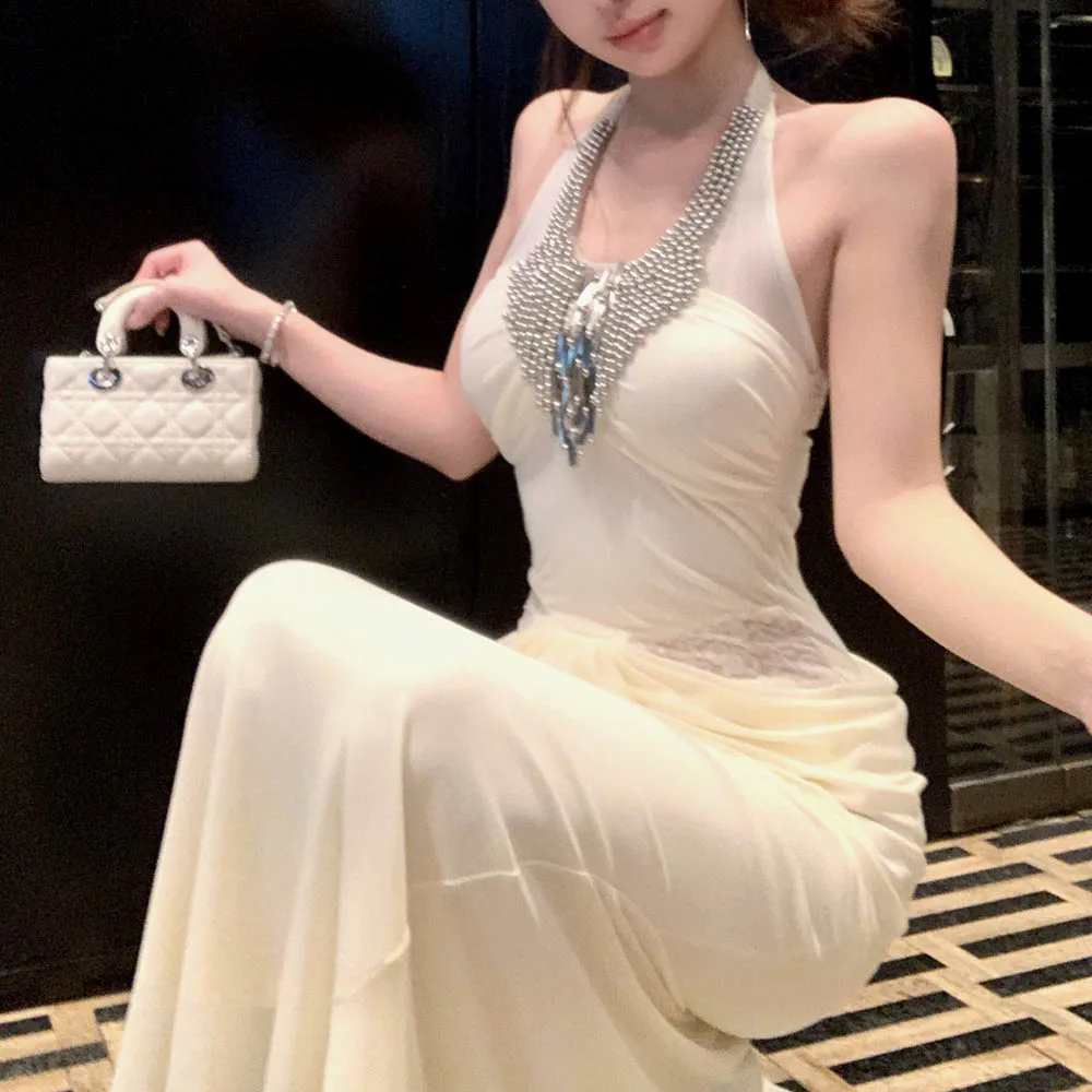 Beige Maxiชุดผู้หญิงElegant Beading HalterชุดยาวแขนกุดBodycon Evening Partyวันเกิดเสื้อผ้าLady Backless