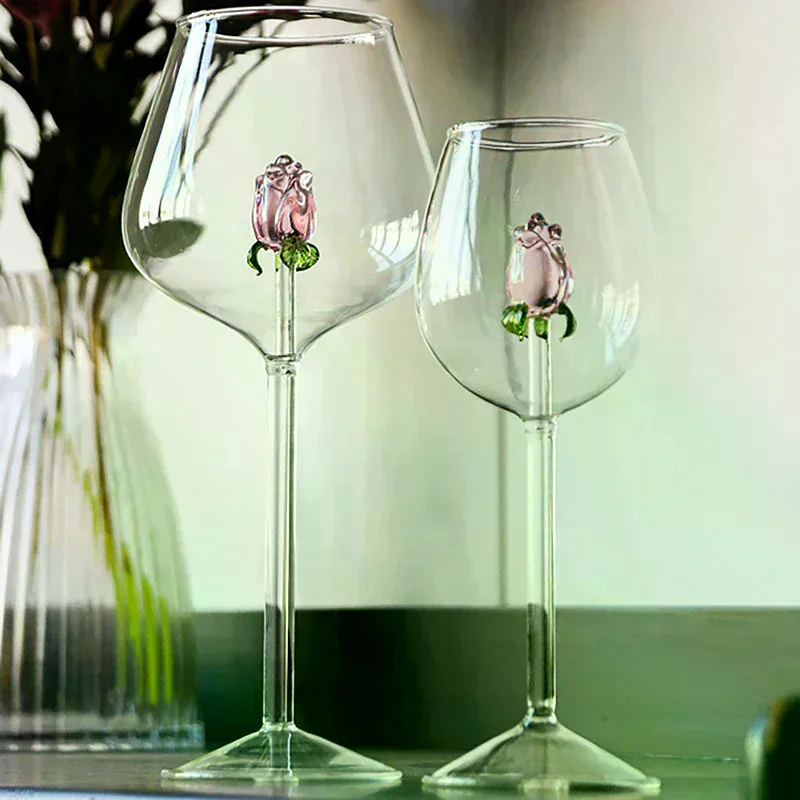 3D Pink Glass Rose Build-In Red White Wine Glasses Cup Drinkware Goblet Champagne Flute Household Lovely Valentine Gift Creative
