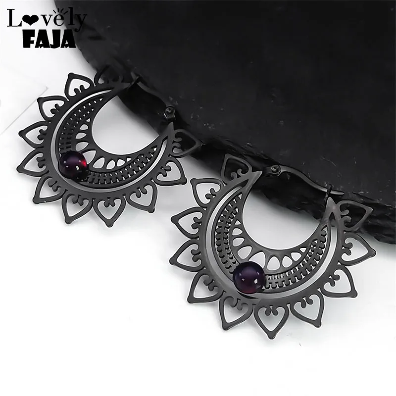 

Victorian Gothic Black Flower Red Glass Hoop Earring for Women Sacred Geometry Goth Large Statement Earring Witchy Jewelry E9354