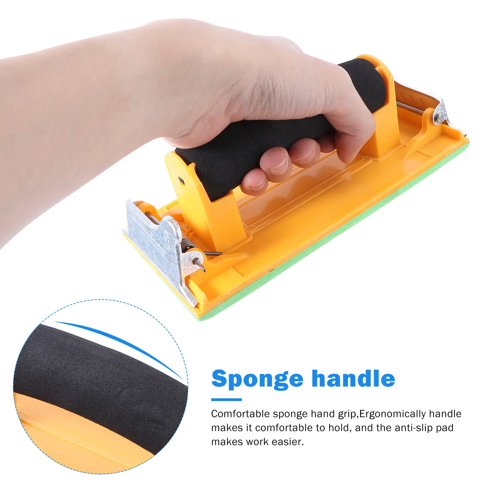 Hand Grip Sandpaper Holder Lightweight Durable Sponge Handle Metal Clip for Wall Wood Metal Sanding Polishing Tool Yellow view 4