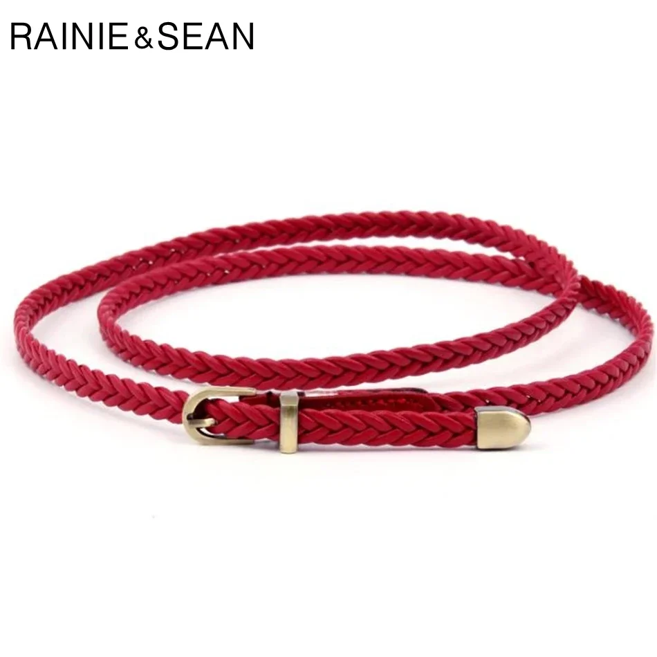 

RAINIE SEAN Red Braided Leather Belt Women Thin Waist Belt Black White Pink Ladies Pu Leather Strap Gold Pin Buckle Female Belts