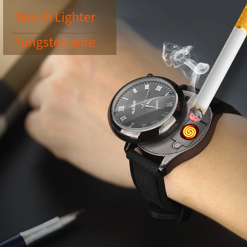 

New Men's Watch with Rotating Cover Ignition Metal Windproof Watch Rechargeable and Replaceable Wire Zinc Alloy Lighter Men Gift