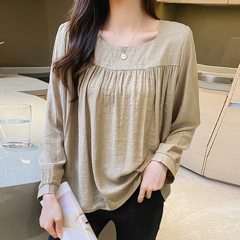 Women's Clothing Casual Loose Square Collar Blouses Spring Autumn Fashion Patchwork Folds Shirts Korean Version Chic Sweet Tops