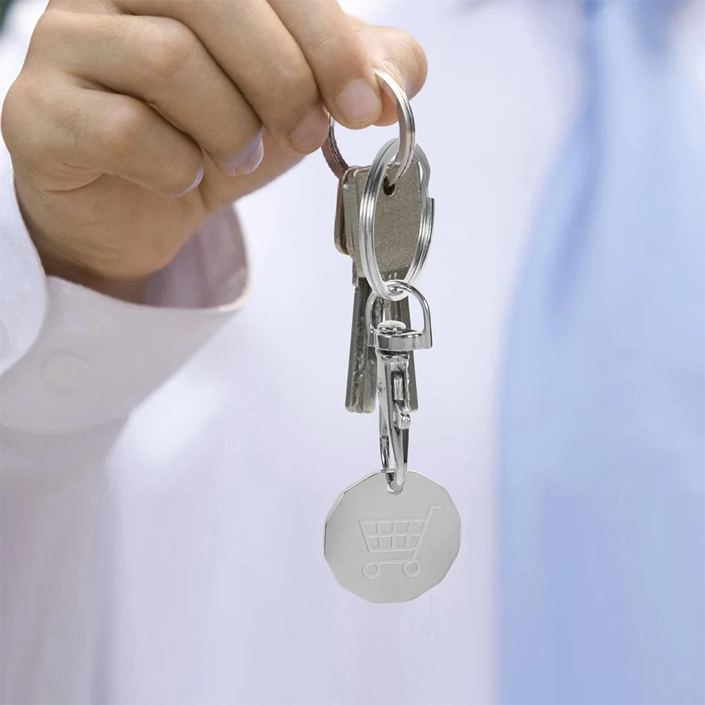 ステンレス鋼のトロリートークンキーリング、シルバーペンダント、フォブキーホルダー、小さなショッピングオーナメント、カートトークン、6個