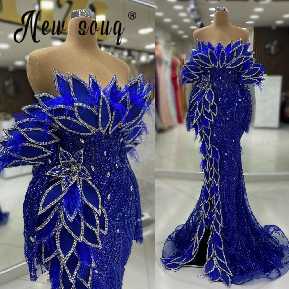 Vintage Royal Blue Appliques Evening Dress Woman's Feather Wedding Party Gowns Long Sleeve Mermaid Prom Dresses Robes de Soirée